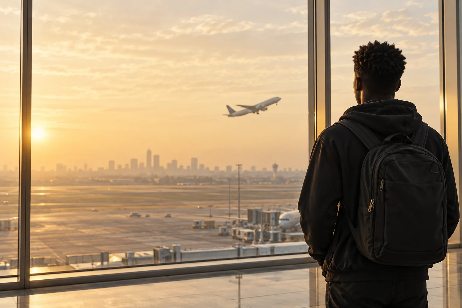 A student with a backpack looking out at a departing plane from an airport terminal