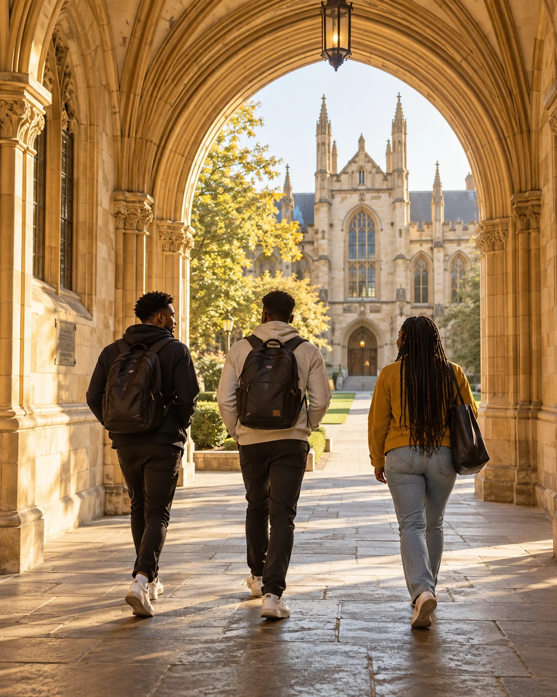 Three students walking through a stone archway toward a university courtyard
