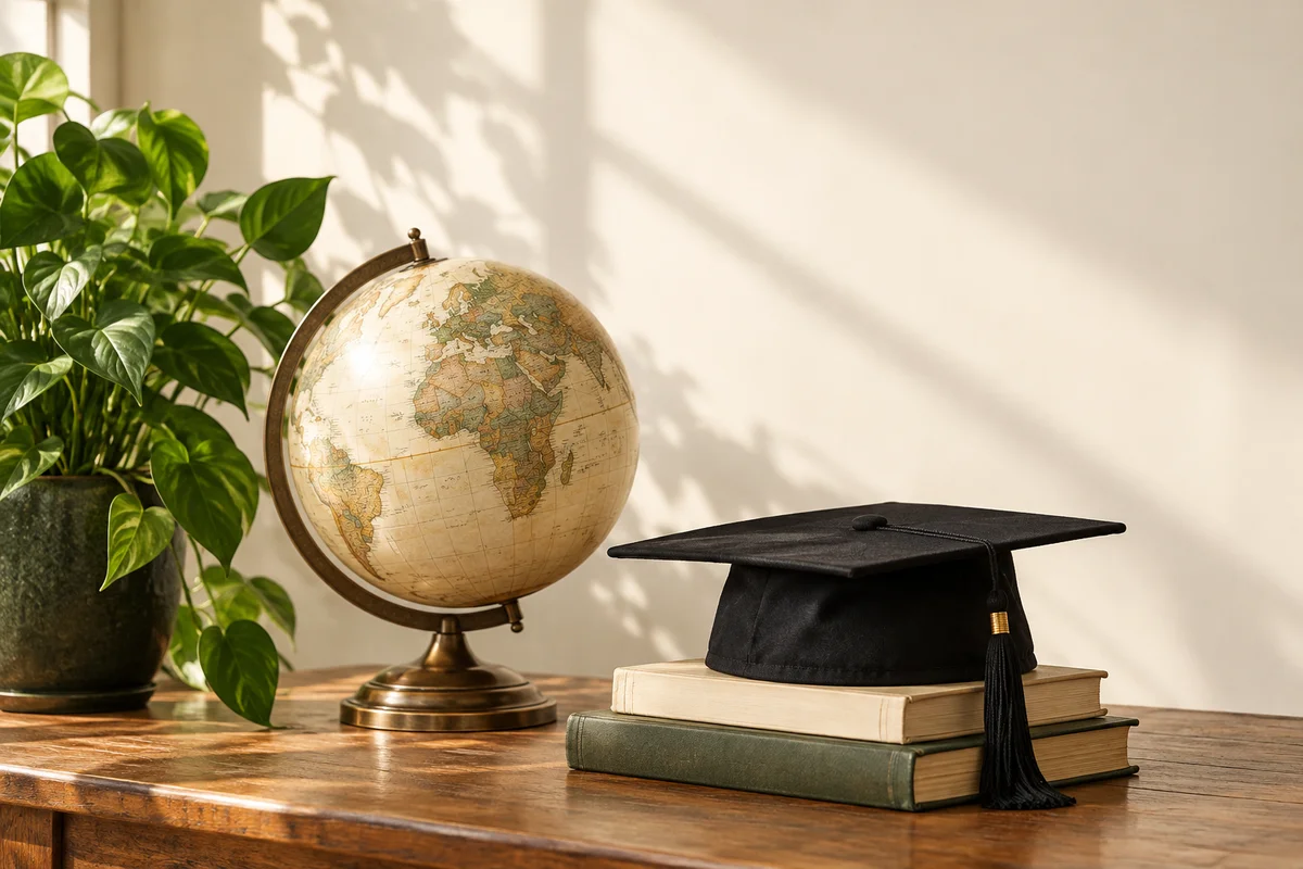 A globe, graduation cap, books, and a leafy plant on a sunlit desk