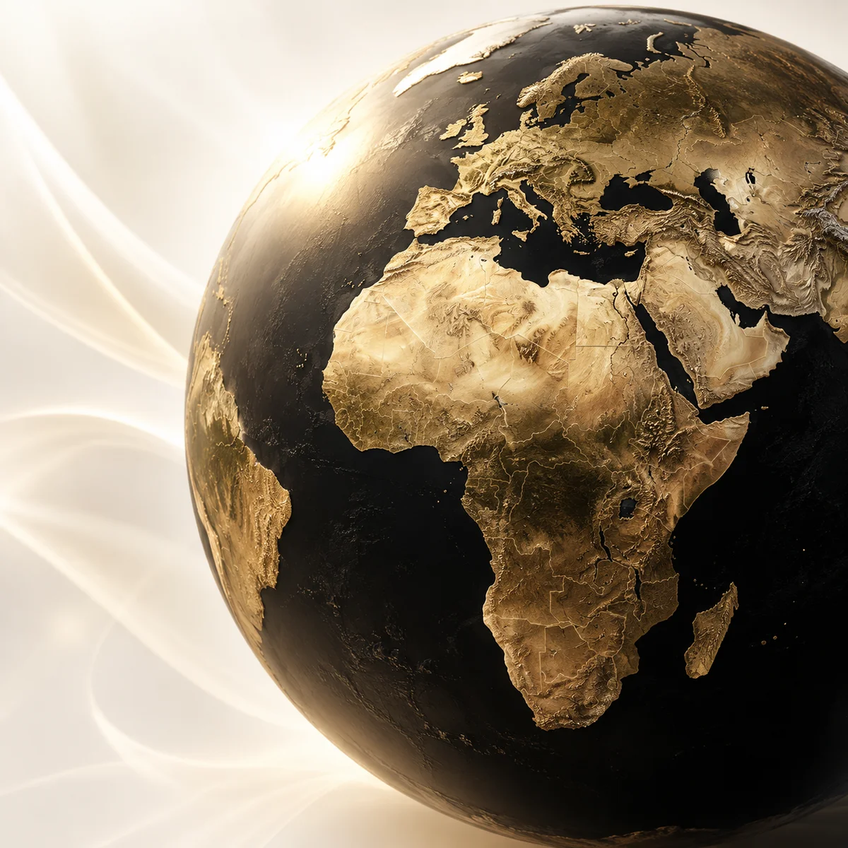 A golden globe with Africa and Europe facing the world