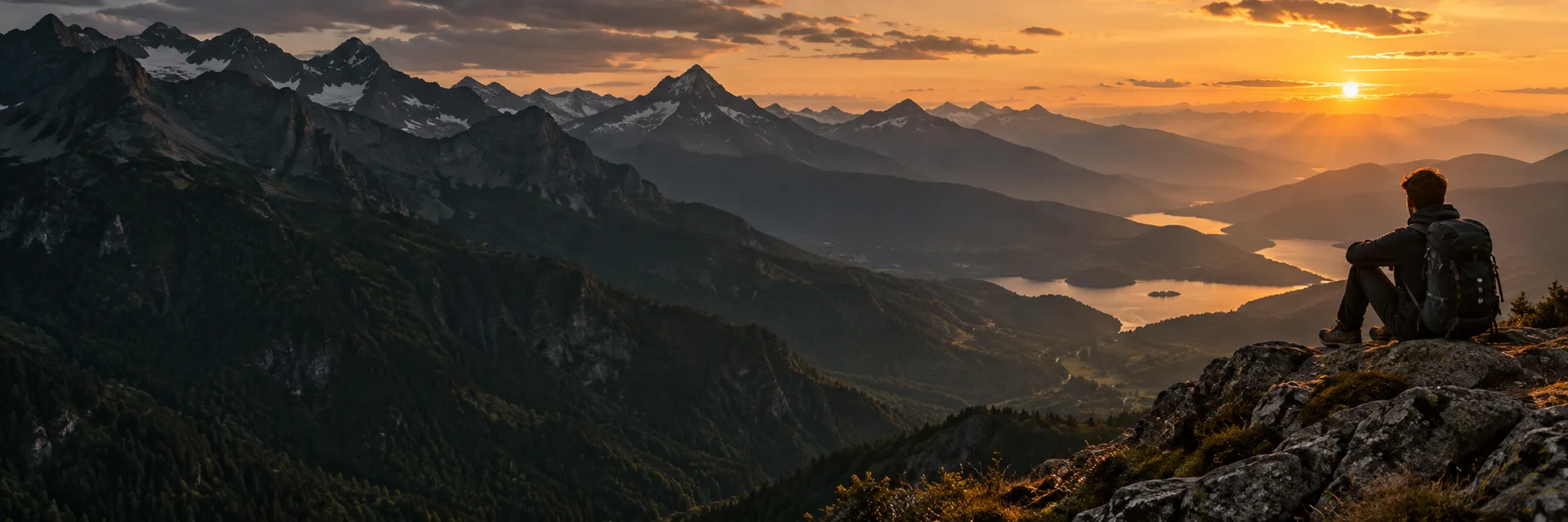 A traveler looking towards distant mountains at sunset